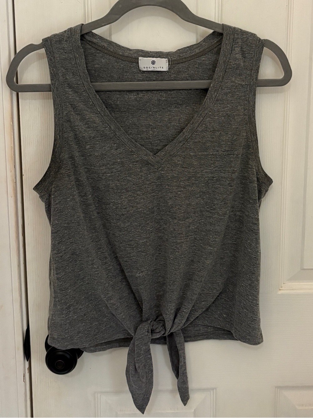 Socialite V-Neck Tie Front Tank Top in Grey